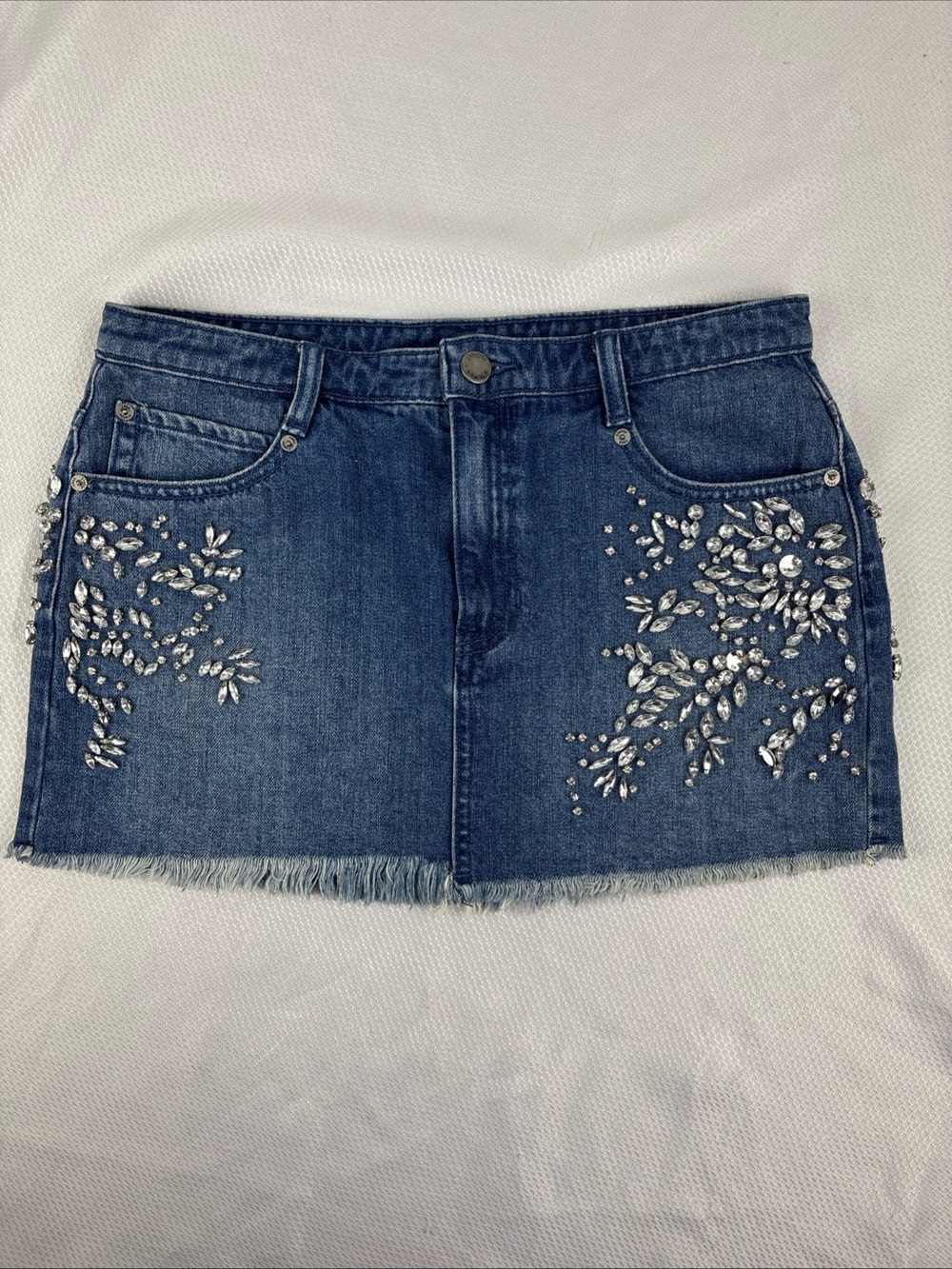 Free People Sparkle Denim Jean Mini Skirt Size 4 Rhinestone Bling Y2K Cotton 90s